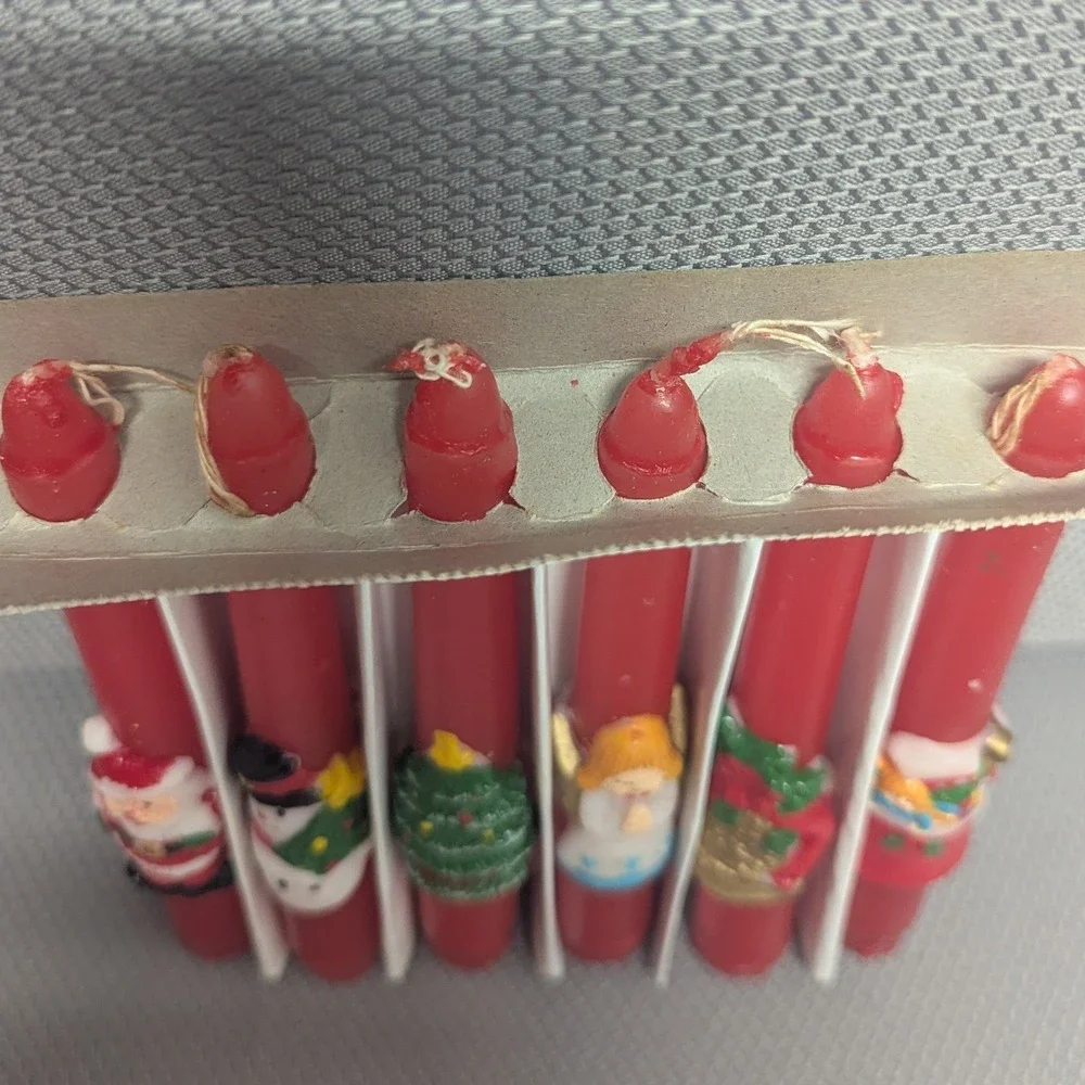 Vintage Christmas Taper Candles Set of 6 Red Wax Santa Snowman Tree Angel 6 inch